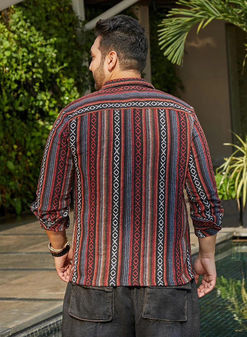 Instafab Plus Instafab Plus Men's Scarlet Red & Obsdian Black Folk-Weave Shirt For Casual Wear | Spread Collar | Long Cuffed Sleeves | Button Closure | Plus Size Shirt Crafted With Comfort Fit For Everyday Wear