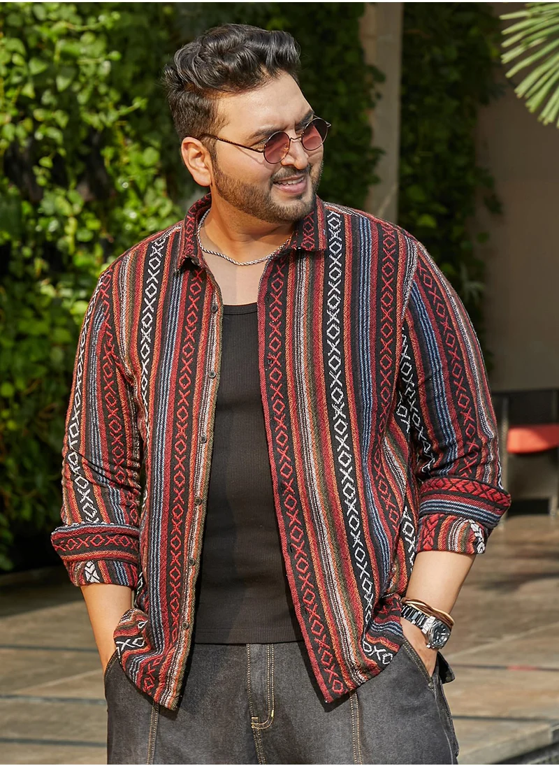 انستافاب بلس Instafab Plus Men's Scarlet Red & Obsdian Black Folk-Weave Shirt For Casual Wear | Spread Collar | Long Cuffed Sleeves | Button Closure | Plus Size Shirt Crafted With Comfort Fit For Everyday Wear