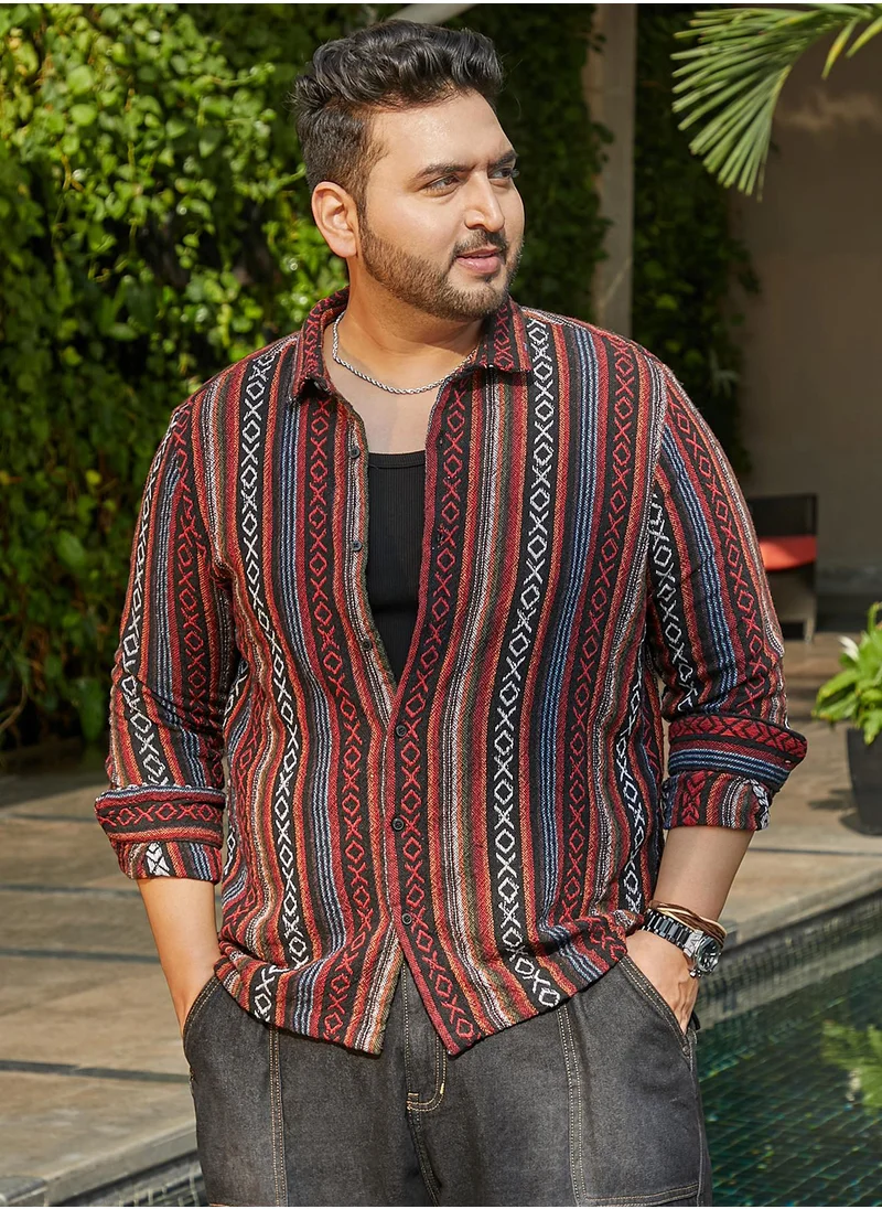 انستافاب بلس Instafab Plus Men's Scarlet Red & Obsdian Black Folk-Weave Shirt For Casual Wear | Spread Collar | Long Cuffed Sleeves | Button Closure | Plus Size Shirt Crafted With Comfort Fit For Everyday Wear