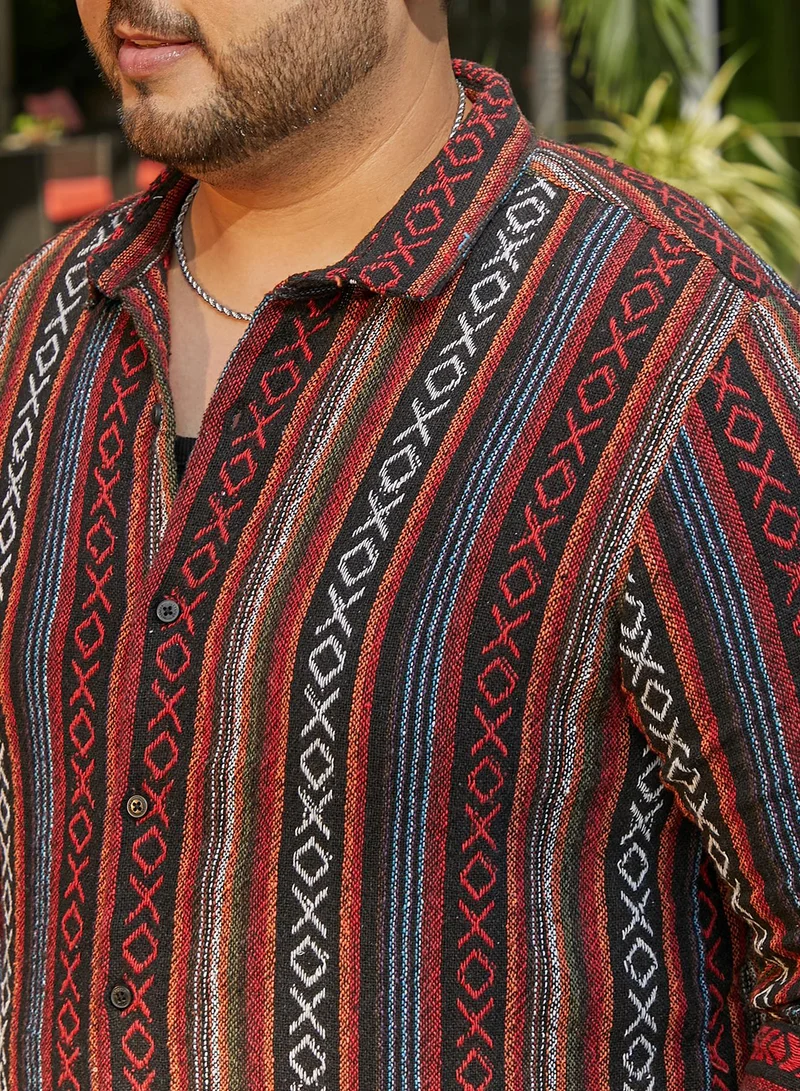Instafab Plus Instafab Plus Men's Scarlet Red & Obsdian Black Folk-Weave Shirt For Casual Wear | Spread Collar | Long Cuffed Sleeves | Button Closure | Plus Size Shirt Crafted With Comfort Fit For Everyday Wear