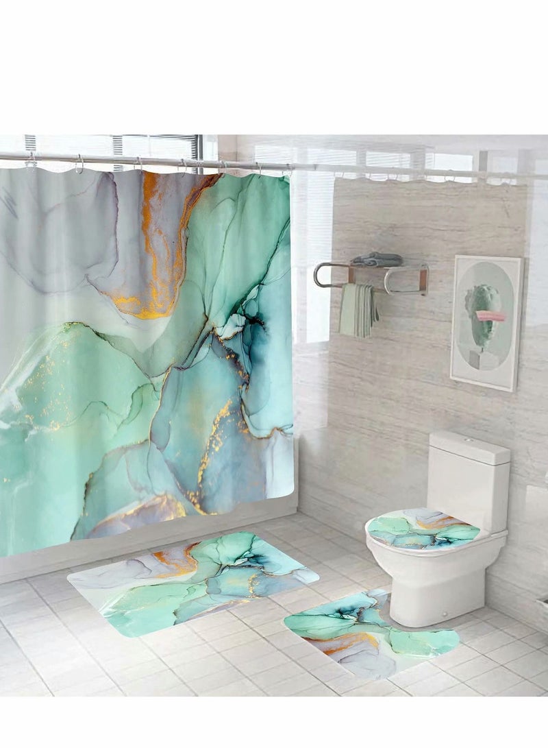 Excefore Bathroom Rugs Set, 3 Pcs Shower Rugs, Green Colourful Marble Shower Rugs for Bathroom Decor Set with Watercolor Abstract Ink Paint Blue Green Jade Printing Decor - Image 3