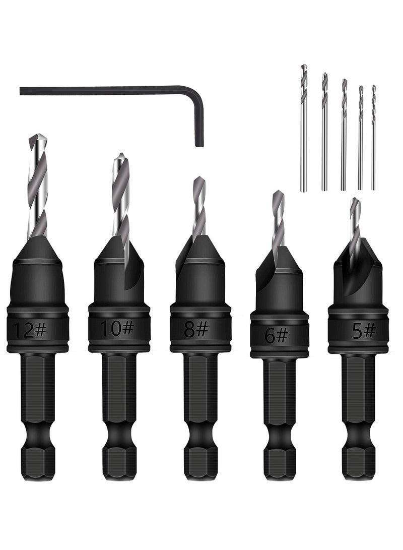 82°Countersink Drill Bit, 5Pcs Free Replaceable HSS Drill Bits for Wood 3/8" Quick-Change, Chamfered Adjustable Drilling Tool Kit on Pilot Counter Sink Holes for Woodworking - Image 1