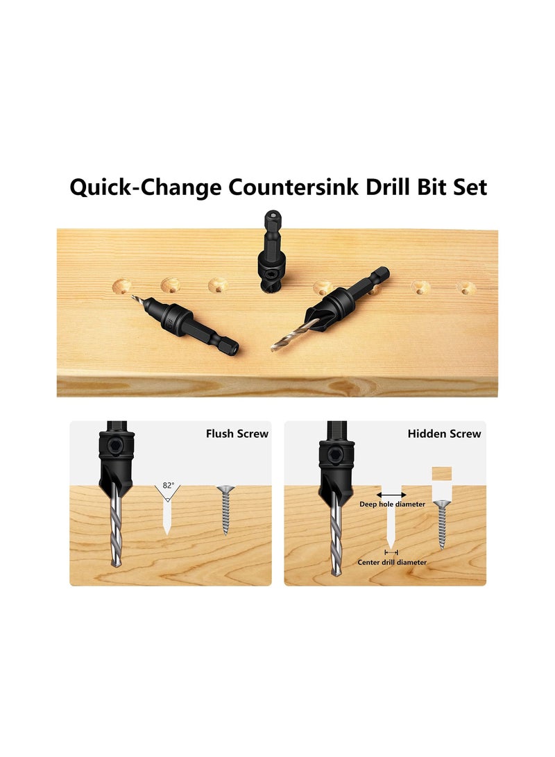 82°Countersink Drill Bit, 5Pcs Free Replaceable HSS Drill Bits for Wood 3/8" Quick-Change, Chamfered Adjustable Drilling Tool Kit on Pilot Counter Sink Holes for Woodworking - Image 4