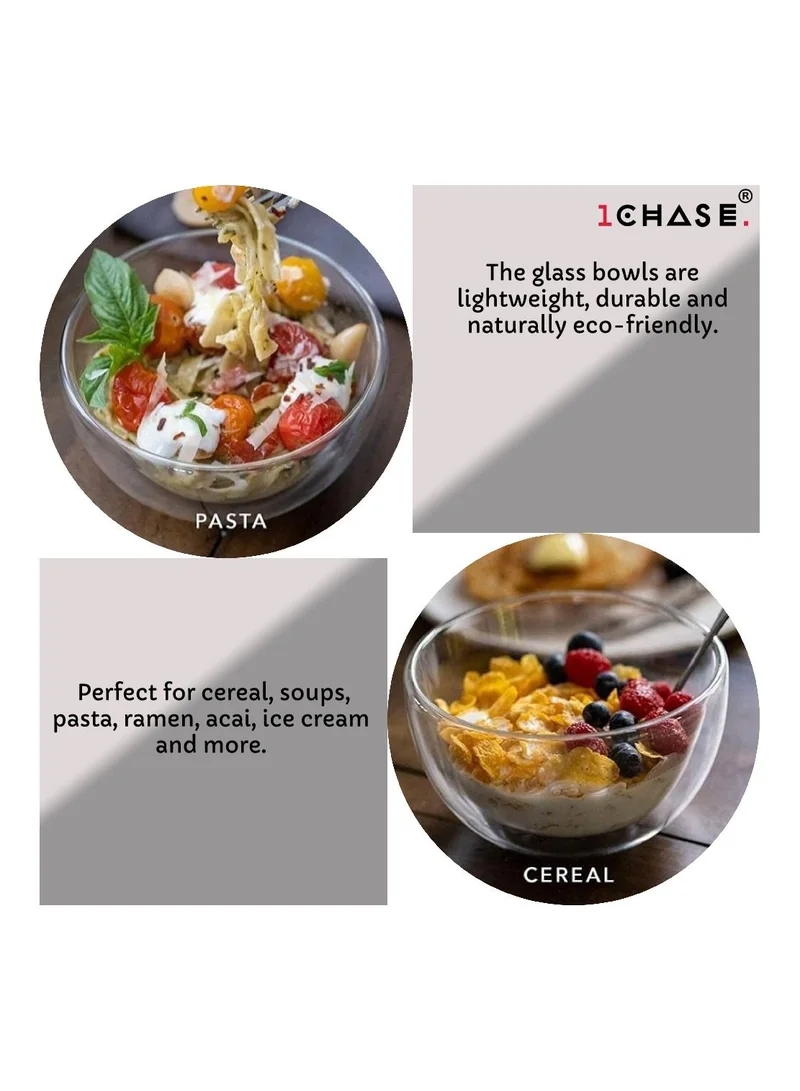 1Chase Double Wall Borosilicate Salad, Pasta, Matcha, Rice, Soup Bowl, Hot And Cold Serving Bowls, Fruit Bowls, Set of 2 (750ML)