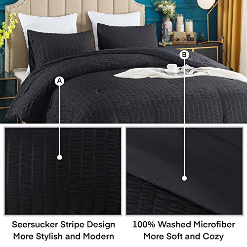 AveLom Seersucker King Comforter Set (104x90 inches), 3 Pieces - 100% Soft Washed Microfiber Lightweight Comforter with 2 Pillowcases, All Season Down Alternative Comforter Set for Bedding, Black - Image 4