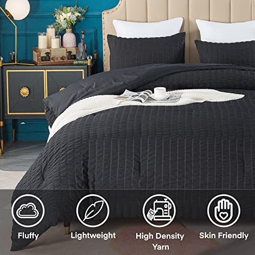 AveLom Seersucker King Comforter Set (104x90 inches), 3 Pieces - 100% Soft Washed Microfiber Lightweight Comforter with 2 Pillowcases, All Season Down Alternative Comforter Set for Bedding, Black - Image 2
