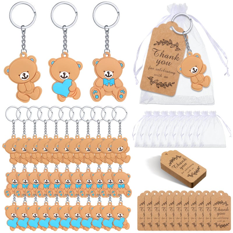 120 Pcs Bear Baby Shower Favors Bear Party Favors Cute Keychain with Organza Bags Thank You Kraft Tags and Rope for Guests Girls Boys Birthday Party Supplies Decorations Blue Cute