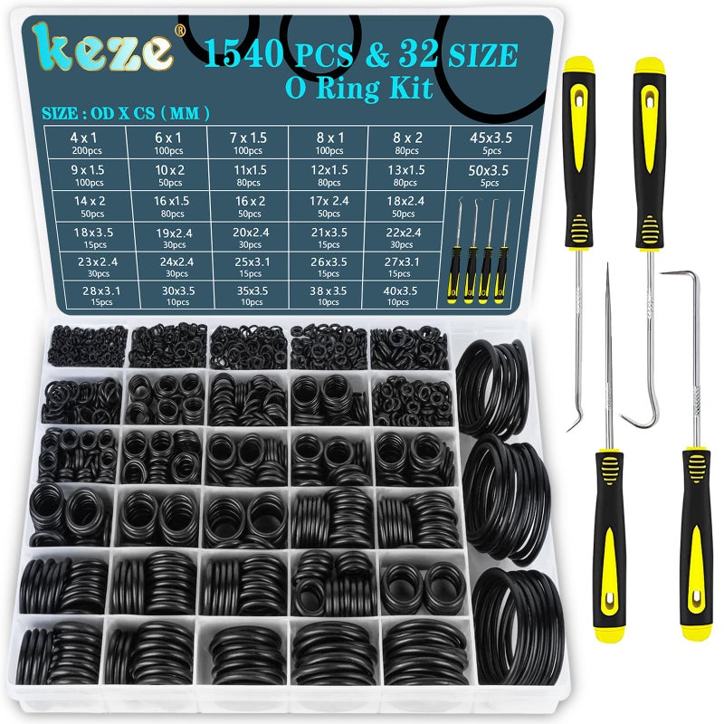 KEZE 32 Size 1540 Pcs Rubber O Rings Assortment Kit with Pick and Hook Set for Assorted Faucet Plumbing Pressure Washer Automotive Repair,Air or Gas Sealing Connections O Ring OD:4mm-50mm - Image 1