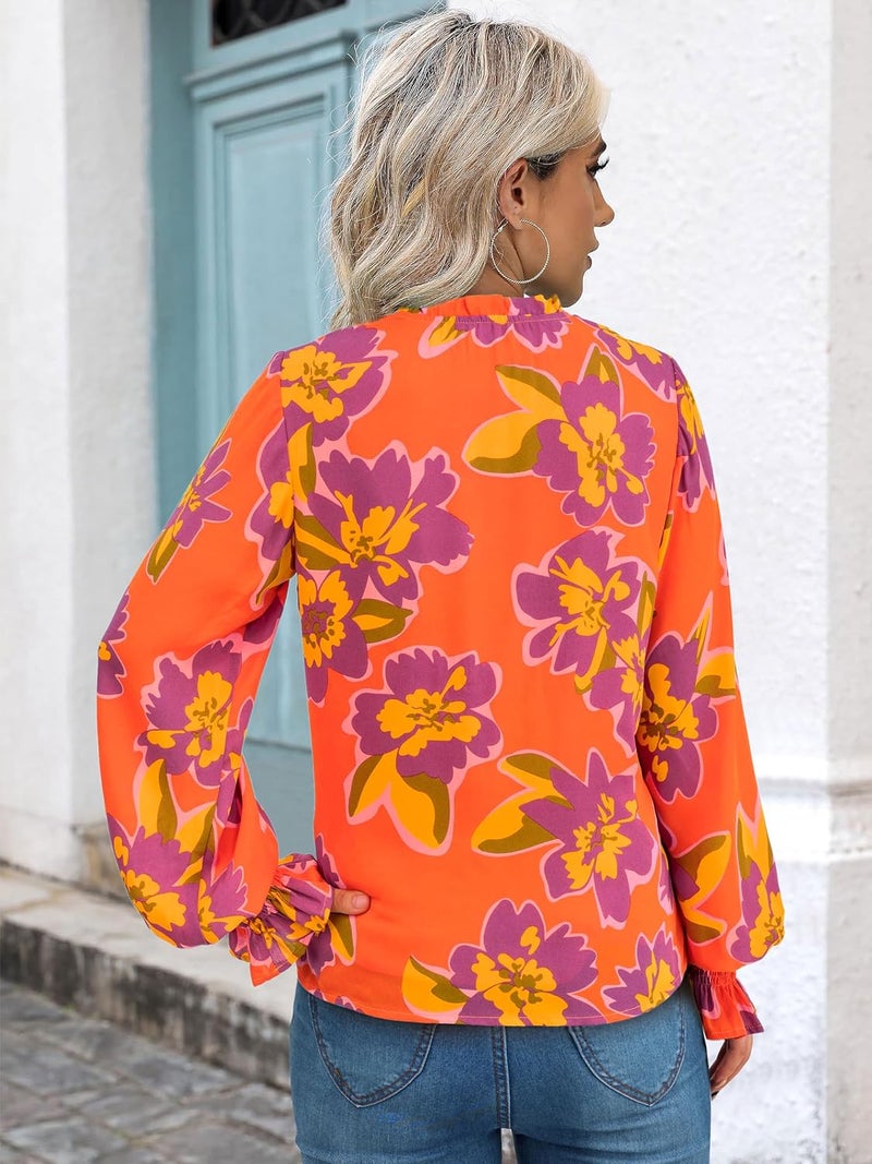 MASCOMODA Women's Boho Floral Long Sleeve Chiffon Blouse with Puff Sleeves - Image 5