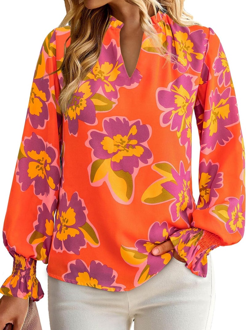 MASCOMODA Women's Boho Floral Long Sleeve Chiffon Blouse with Puff Sleeves - Image 4