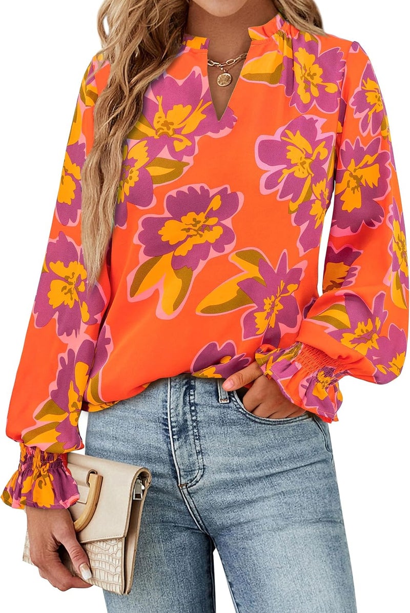 MASCOMODA Women's Boho Floral Long Sleeve Chiffon Blouse with Puff Sleeves - Image 2