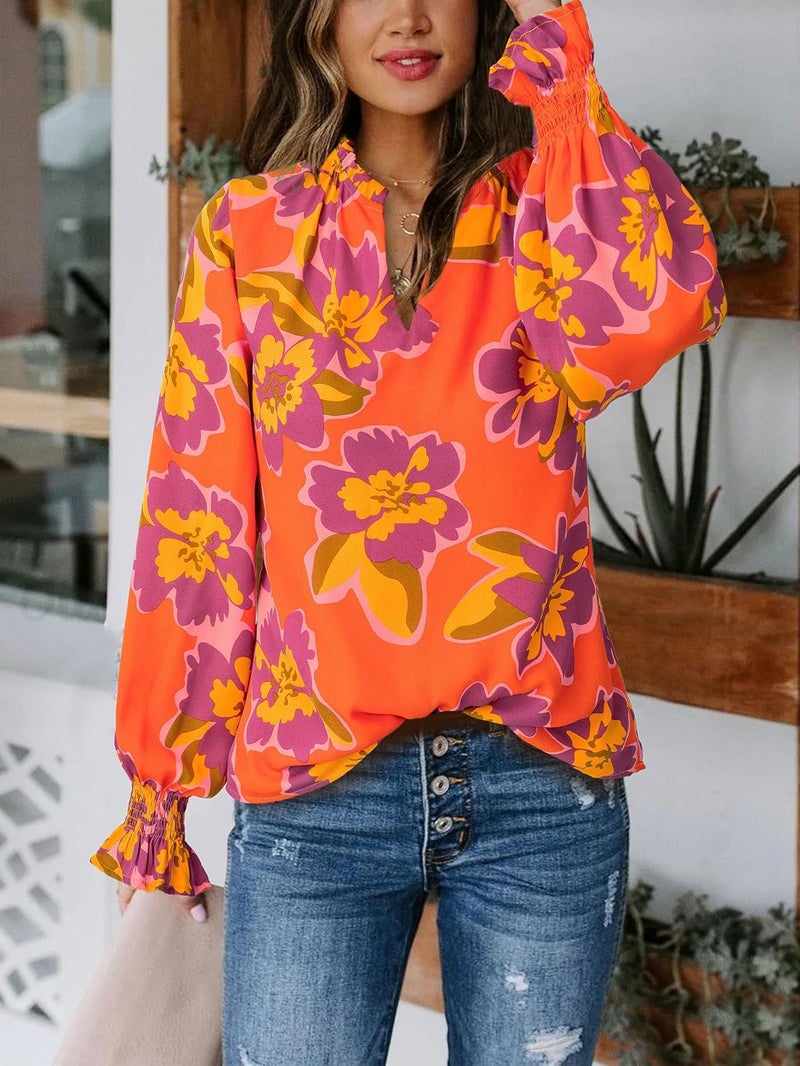 MASCOMODA Women's Boho Floral Long Sleeve Chiffon Blouse with Puff Sleeves - Image 3