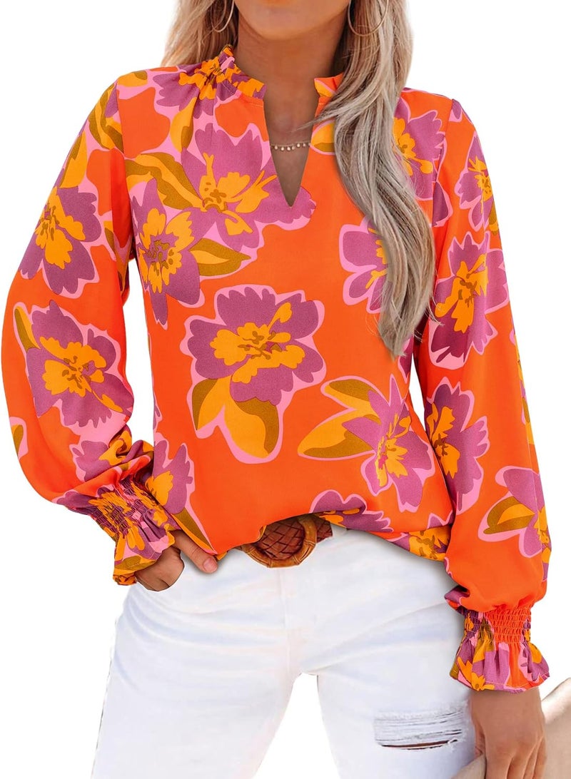 MASCOMODA Women's Boho Floral Long Sleeve Chiffon Blouse with Puff Sleeves - Image 1