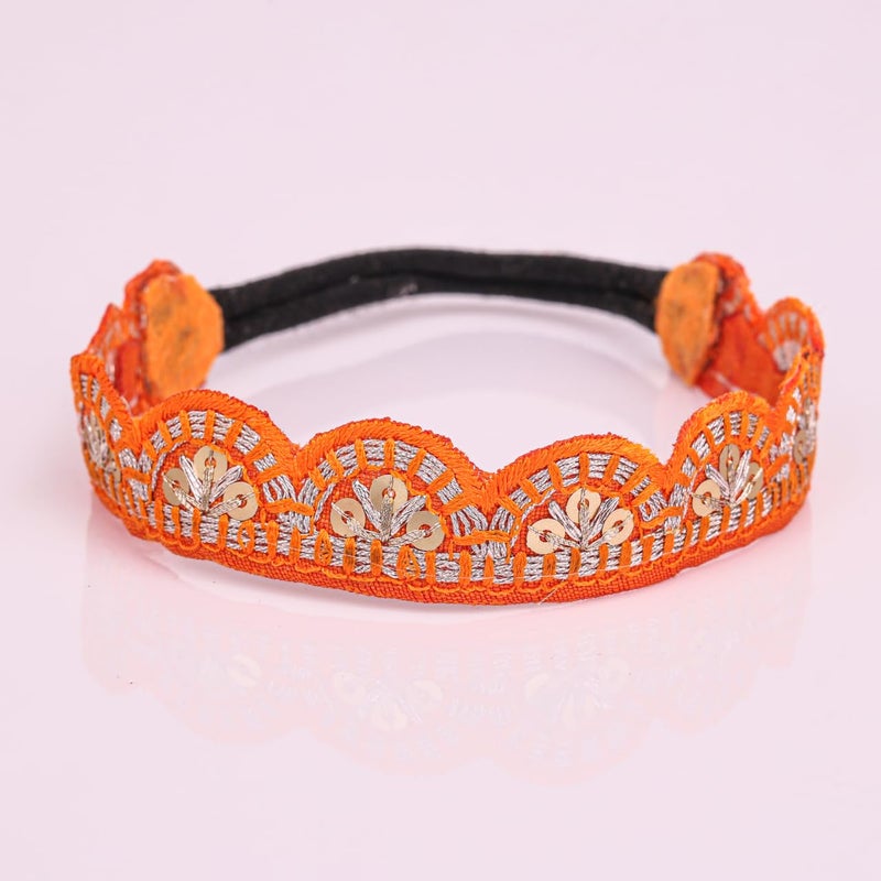 Choko Handmade Embroidered Headband for Baby Girls – Orange and Silver Ethnic Elastic Hairband – Festive Accessory – 1 Pc - Image 2