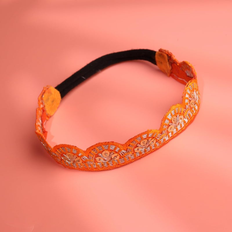 Choko Handmade Embroidered Headband for Baby Girls – Orange and Silver Ethnic Elastic Hairband – Festive Accessory – 1 Pc - Image 3