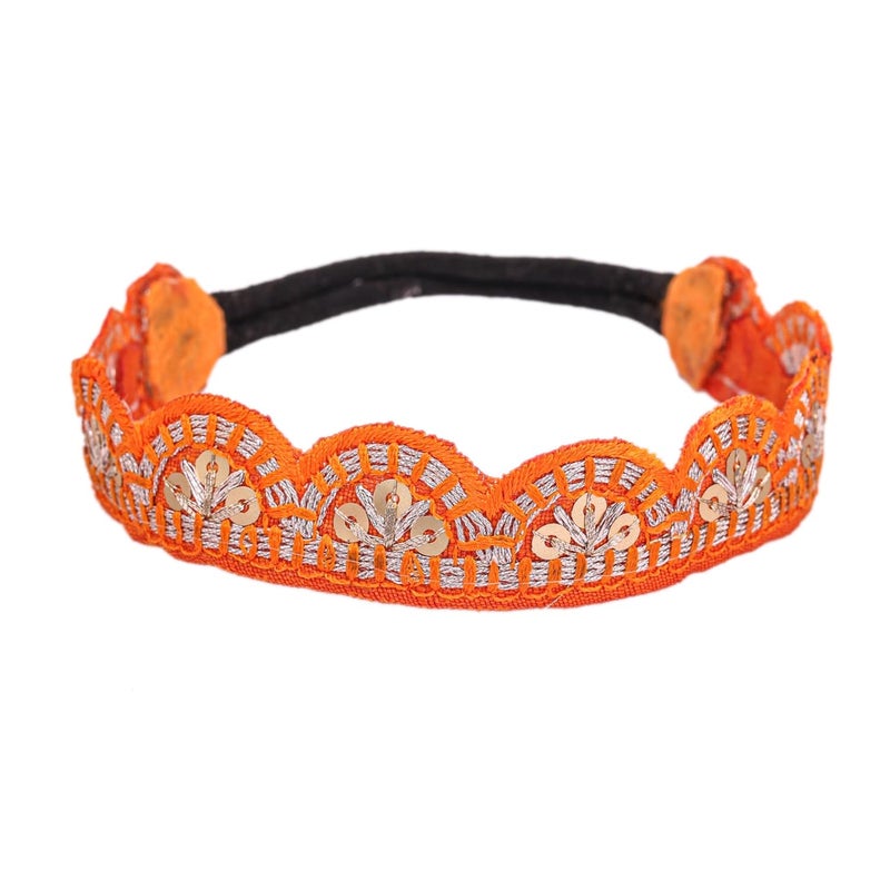 Choko Handmade Embroidered Headband for Baby Girls – Orange and Silver Ethnic Elastic Hairband – Festive Accessory – 1 Pc - Image 1