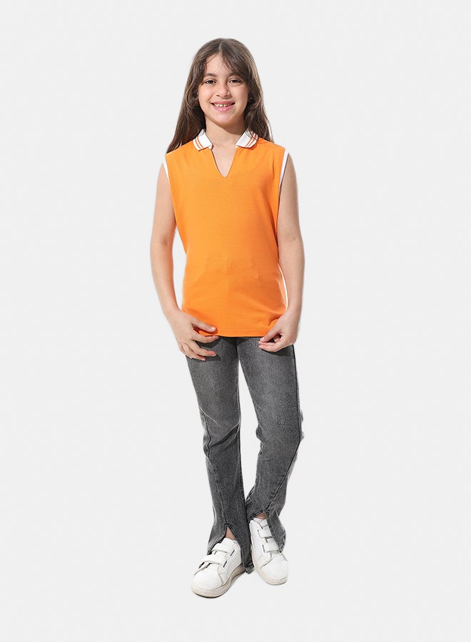 Andora Sleeveless Pique Girls Polo Shirt_Orange & White - Image 5