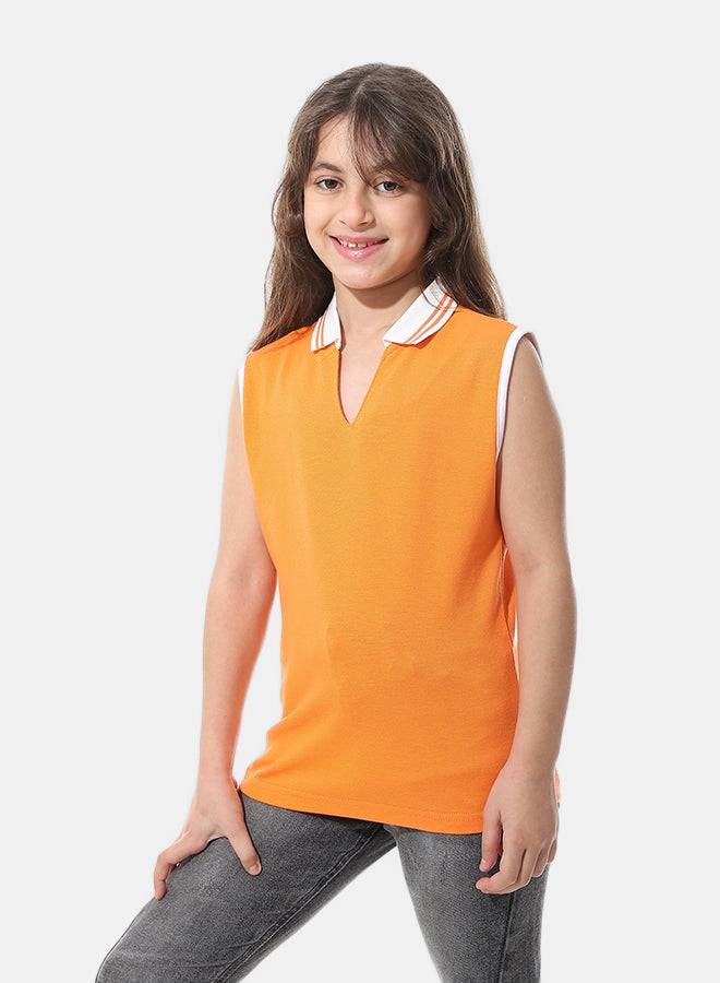 Andora Sleeveless Pique Girls Polo Shirt_Orange & White - Image 2