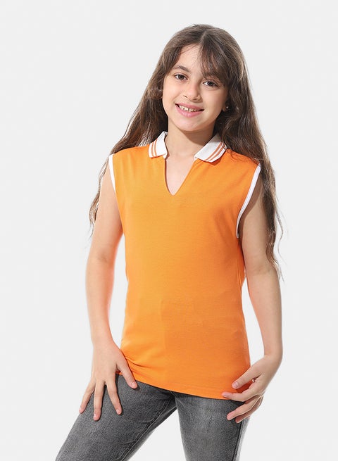 Sleeveless Pique Girls Polo Shirt_Orange & White