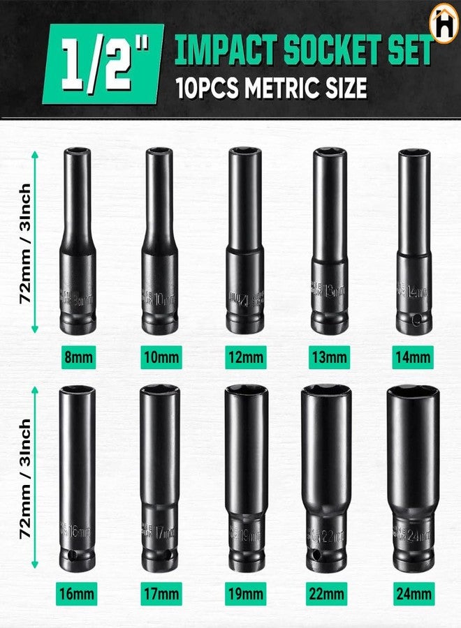 Homdum 10pcs Deep Impact Socket Set Universal Socket Metric Drive Hex Long Socket Set Wrench For Air Pneumatic Repair Tools 8-24MM Size - Image 3