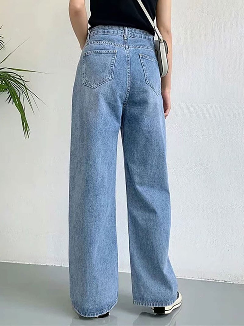 HDLTE Women Wide Leg Jeans Junior High Waist Baggy Jean Loose Boyfriends Jeans Blue Washed - Image 2