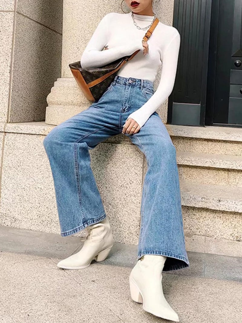HDLTE Women Wide Leg Jeans Junior High Waist Baggy Jean Loose Boyfriends Jeans Blue Washed - Image 4