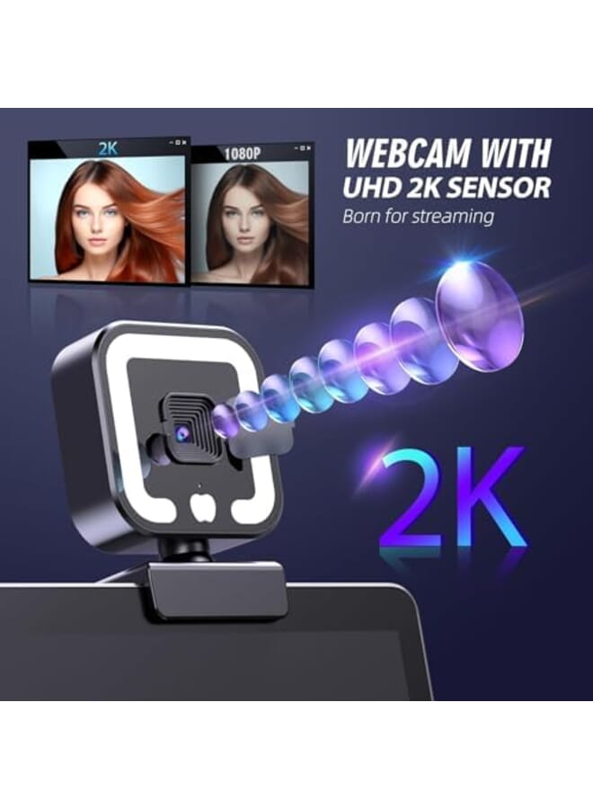 KASTWAVE 2K Webcam Web Camera With Microphone And Fill Light Hd Autofocus Computer Camera With Privacy Cover And Tripod Stand Streaming Webcam Usb Plug And Play Computer Camera For Pc Laptop Desktop Video - Image 2