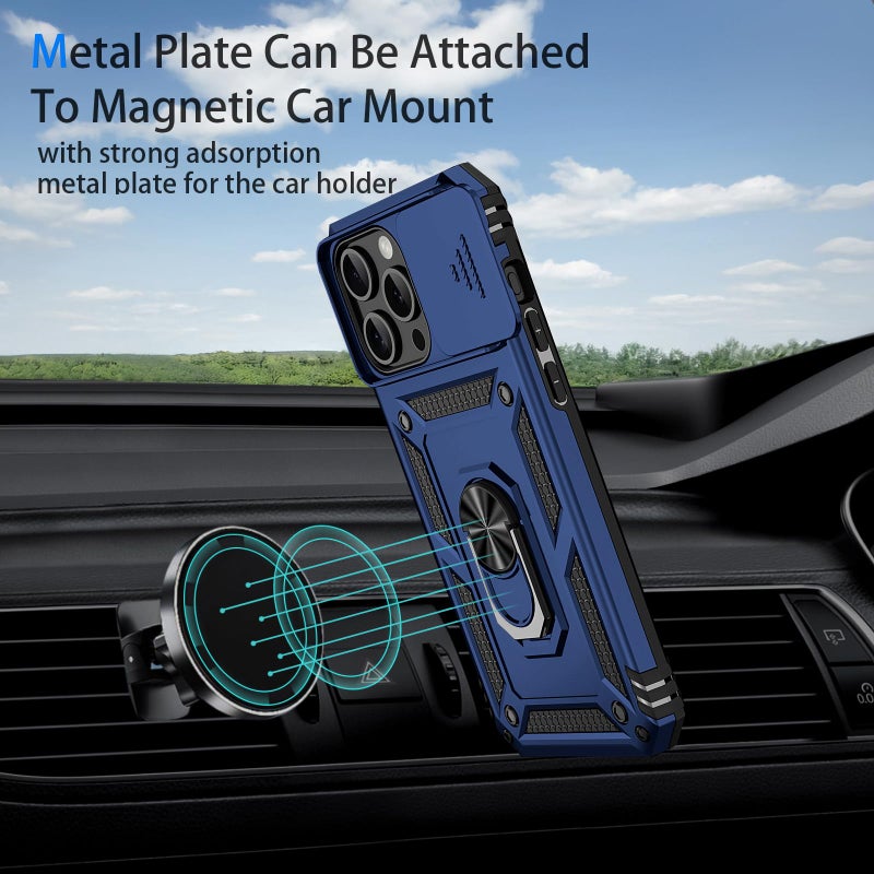 Vinve for iPhone 15 Pro Max Case, Slide Lens Cover, HD Screen Protector, Military Grade Drop Protection, Magnetic Rotated Ring Holder Kickstand Protective Phone Case (Navy Blue) - Image 3