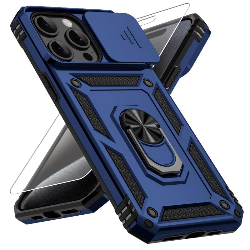 Vinve for iPhone 15 Pro Max Case, Slide Lens Cover, HD Screen Protector, Military Grade Drop Protection, Magnetic Rotated Ring Holder Kickstand Protective Phone Case (Navy Blue) - Image 1