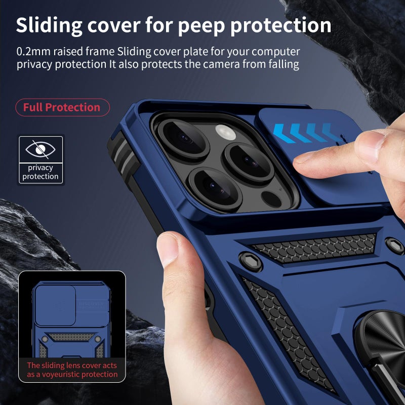 Vinve for iPhone 15 Pro Max Case, Slide Lens Cover, HD Screen Protector, Military Grade Drop Protection, Magnetic Rotated Ring Holder Kickstand Protective Phone Case (Navy Blue) - Image 2
