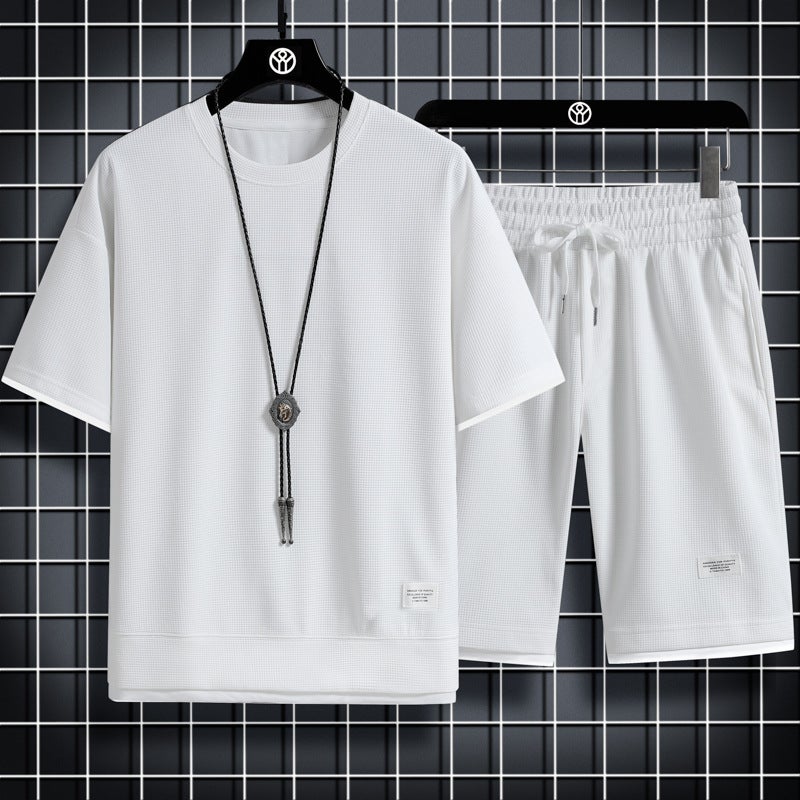 Summer New Waffles Short-sleeved Set Mens Casual Mens Shirt Sweat Mens T-shirt Shorts Two-piece Set for Men CAMEL - Image 5
