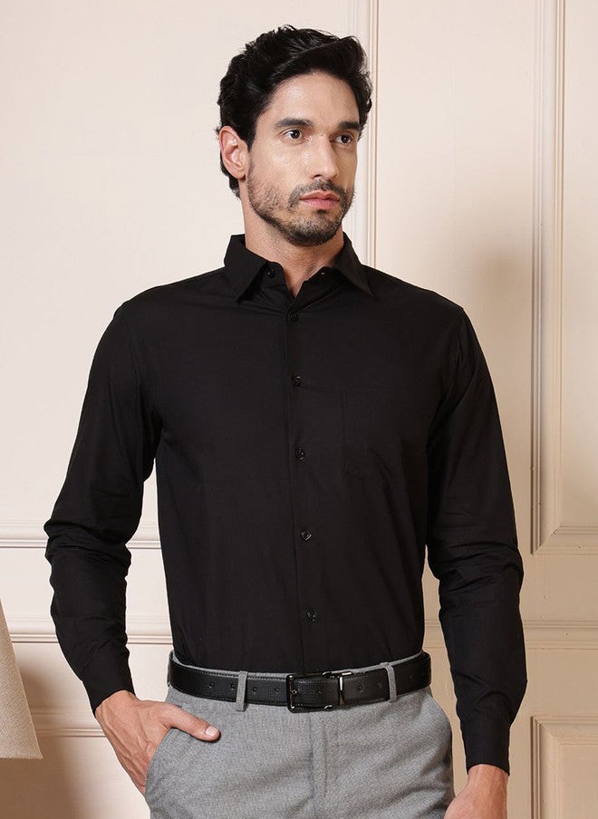 elioop Premium Relaxed Fit Black Cotton Formal Shirt with Spread Collar and Long Sleeves - Image 1