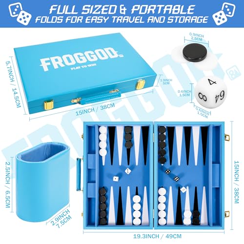 Froggod Travel Backgammon Sets for Adults 15 Inch Premium Backgammon Set PU Leather Case with Seamless Flocked Game Surface Classic Board Games for 2 Player and Gift for MenLight Blue - Image 5