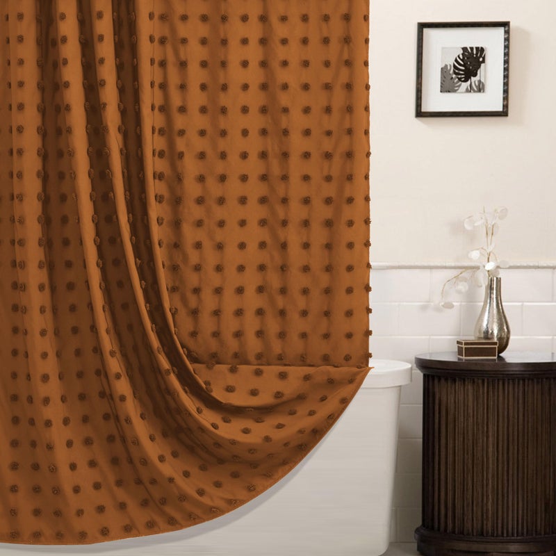 Siiluminisoy Extra Long Boho Farmhouse Shower Curtain Woven Fabric 84 Inch Pumpkin Orange Shower Curtain  72 x 84 Tufted Pleat Floral Puffs Textured Modern Minimalist Shower Curtain Set with Hooks for Bathroom - Image 1