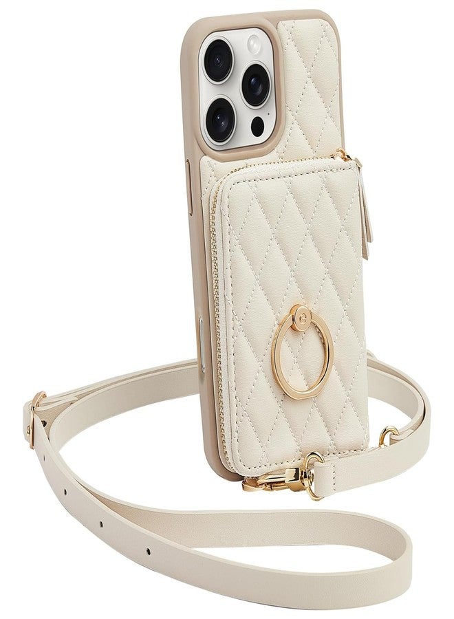 ZVE Wallet Case for iPhone 16 Pro Max with Card Holder, 360° Rotation Ring Stand Crossbody Zipper Wallet Lanyard Case for iPhone 16 Pro Max 6.9 Inch-Beige - Image 1