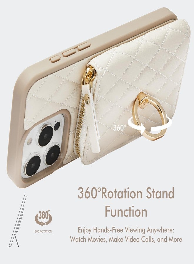 ZVE Wallet Case for iPhone 16 Pro Max with Card Holder, 360° Rotation Ring Stand Crossbody Zipper Wallet Lanyard Case for iPhone 16 Pro Max 6.9 Inch-Beige - Image 5