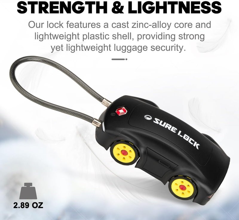 SURE LOCK TSA Approved 4-Digit Combination Luggage Lock - Car Shape Design Travel Lock for Suitcases, Backpacks & Gym Bags (10,000 Combos, 1 Pack Black) - Image 1