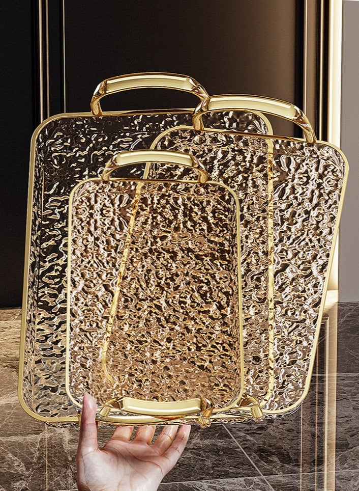 Sunnaltree 3PCS Serving Tray, With Polished Metal Handles, Serving Plate, Wavy Pattern Clear Tray, Spill-Proof Tray, Decorative Serving Tray for Coffee Table, Tea, Storage Rectangular, Living Room, Bedroom（Gold） - Image 1