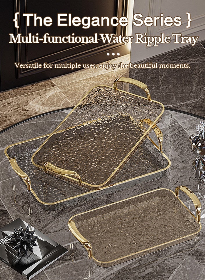 Sunnaltree 3PCS Serving Tray, With Polished Metal Handles, Serving Plate, Wavy Pattern Clear Tray, Spill-Proof Tray, Decorative Serving Tray for Coffee Table, Tea, Storage Rectangular, Living Room, Bedroom（Gold） - Image 2