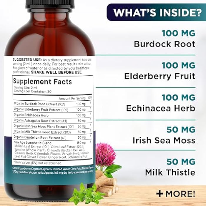 New Age قطرات تصريف اللمف العضوية - مكمل تصريف اللمف العضوي الشامل مع جذر الأرقطيون، الإخناسيا، التوت الأسود، القطيفة، عشبة الكليفر، الهندباء تدعم صحة اللمف - 2 أونصة - Image 2