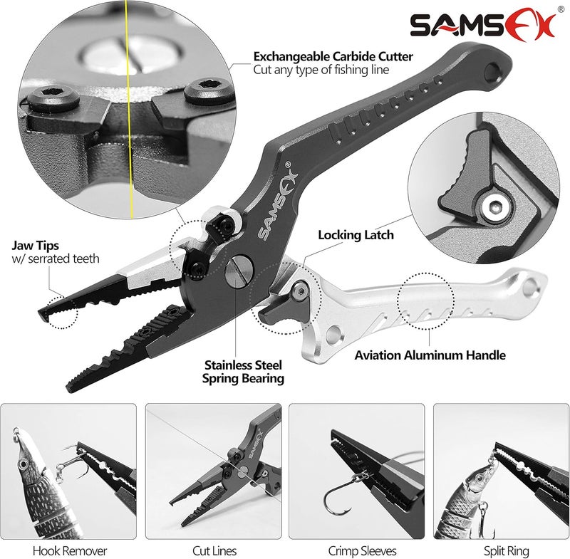 SAMSFX Aluminum Fishing Pliers Hook Remover Braid Line Cutter with Coiled Lanyard, Fly Fishing Knot Tying Tool & Retractors - Image 3