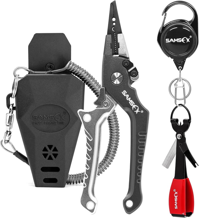 SAMSFX Aluminum Fishing Pliers Hook Remover Braid Line Cutter with Coiled Lanyard, Fly Fishing Knot Tying Tool & Retractors - Image 1