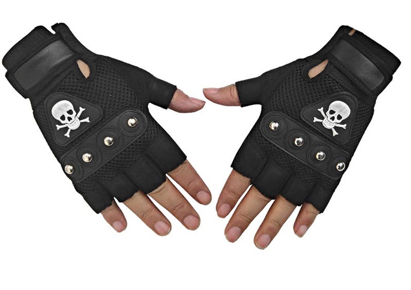 SZTLKHH Men's Punk Rock Biker Gothic Skull Gloves Motorcycle Skeletal Rivet Cycling Driving Fingerless Mitten (Black) - Image 2