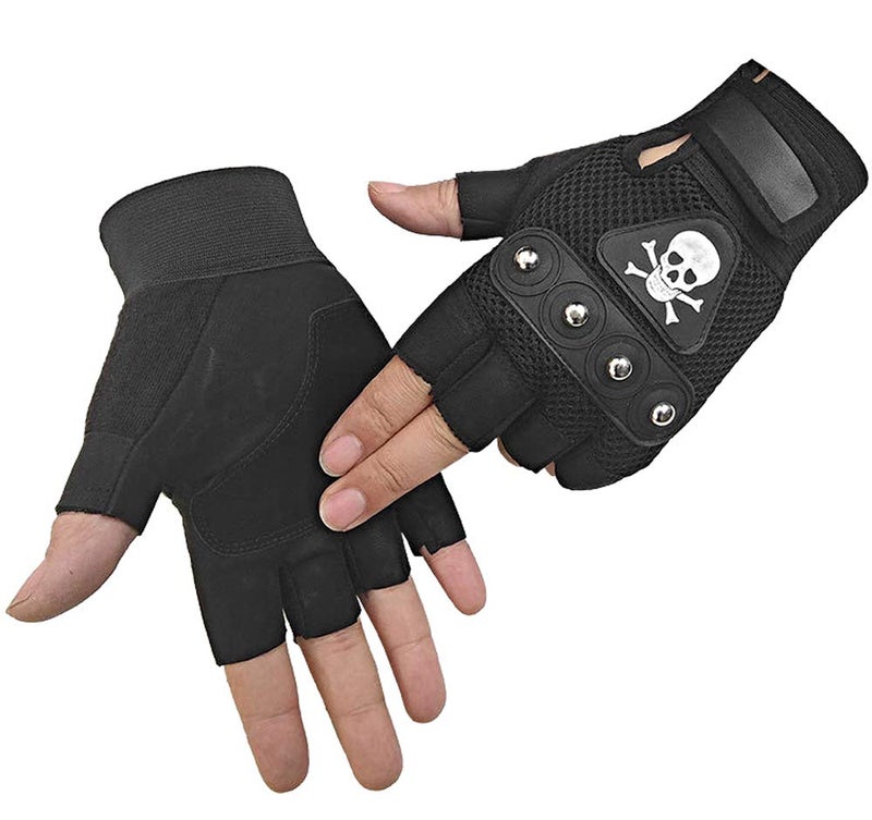 SZTLKHH Men's Punk Rock Biker Gothic Skull Gloves Motorcycle Skeletal Rivet Cycling Driving Fingerless Mitten (Black) - Image 3