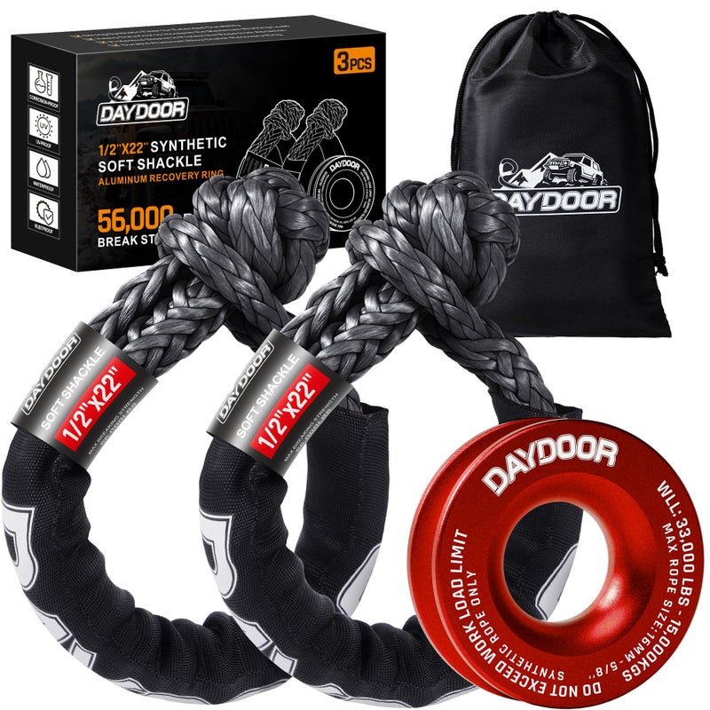 DAYDOOR 56,000 LBS Soft Shackle Recovery Kit, 1/2" x 22" (2-Pack) with 7075 Aluminum Snatch Ring, Winch Accessory for Jeep Wrangler, Bronco, 4Runner, Tacoma, ATV/UTV/Jeeps/SUVs, 4x4 Off-Road(Gray) - Image 1