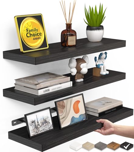 BAYKA Floating Shelves for Wall, Wall Mounted Rustic Wood Shelves for Bathroom, Bedroom, Living Room, Kitchen, Hanging Shelf for Books/Storage/Room Decor with 22lbs Capacity (Black, Set of 3, 15.7in) - Image 1
