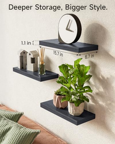 BAYKA Floating Shelves for Wall, Wall Mounted Rustic Wood Shelves for Bathroom, Bedroom, Living Room, Kitchen, Hanging Shelf for Books/Storage/Room Decor with 22lbs Capacity (Black, Set of 3, 15.7in) - Image 5