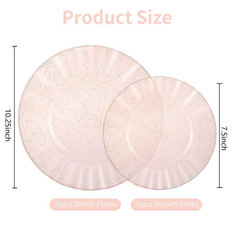 ISFANGCO 60Pcs Premium Pink Plastic Plates, Fancy Clear Pink and Gold Glitter Disposable Plate, Elegant Wedding Plate Set include 30 Dinner & 30 Dessert Plates for Weddingï¼ˆ30Guestsï¼‰ - Image 3