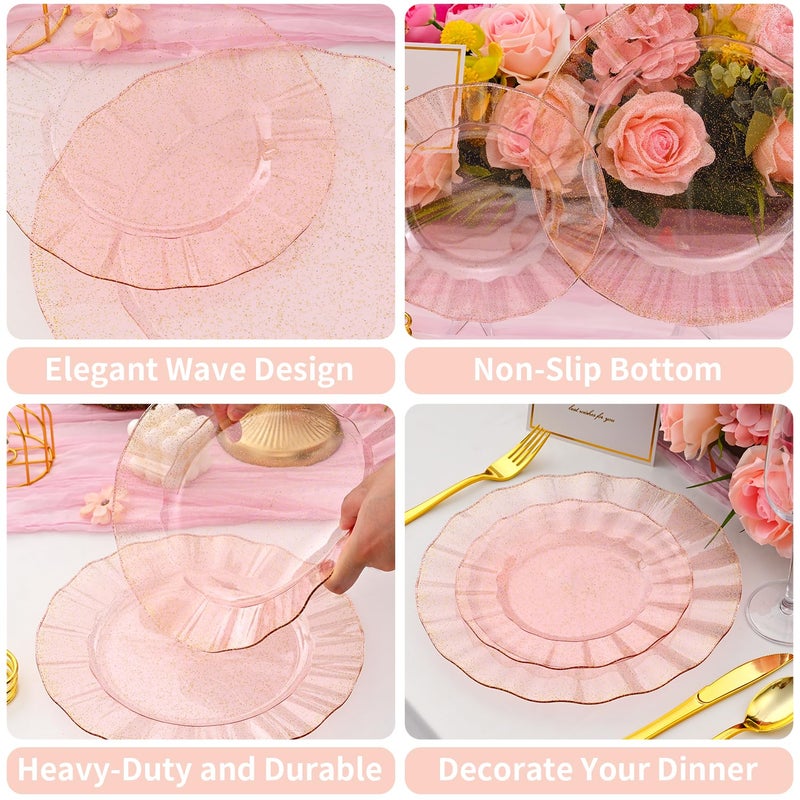 ISFANGCO 60Pcs Premium Pink Plastic Plates, Fancy Clear Pink and Gold Glitter Disposable Plate, Elegant Wedding Plate Set include 30 Dinner & 30 Dessert Plates for Weddingï¼ˆ30Guestsï¼‰ - Image 5