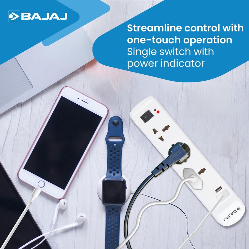 Bajaj Bajaj 3 Way Spike and Surge Guard with 2 USB 3 Meter Long Cable 3Pin Universal Sockets Fire Retardant Cable 6 Months Warranty Pack of 1 White  - Image 5
